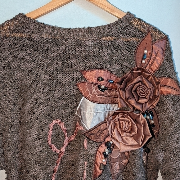 VINTAGE Brown Floral Embroidery Loose Knit Crewneck Sweater Size Extra-Large - Picture 3 of 12